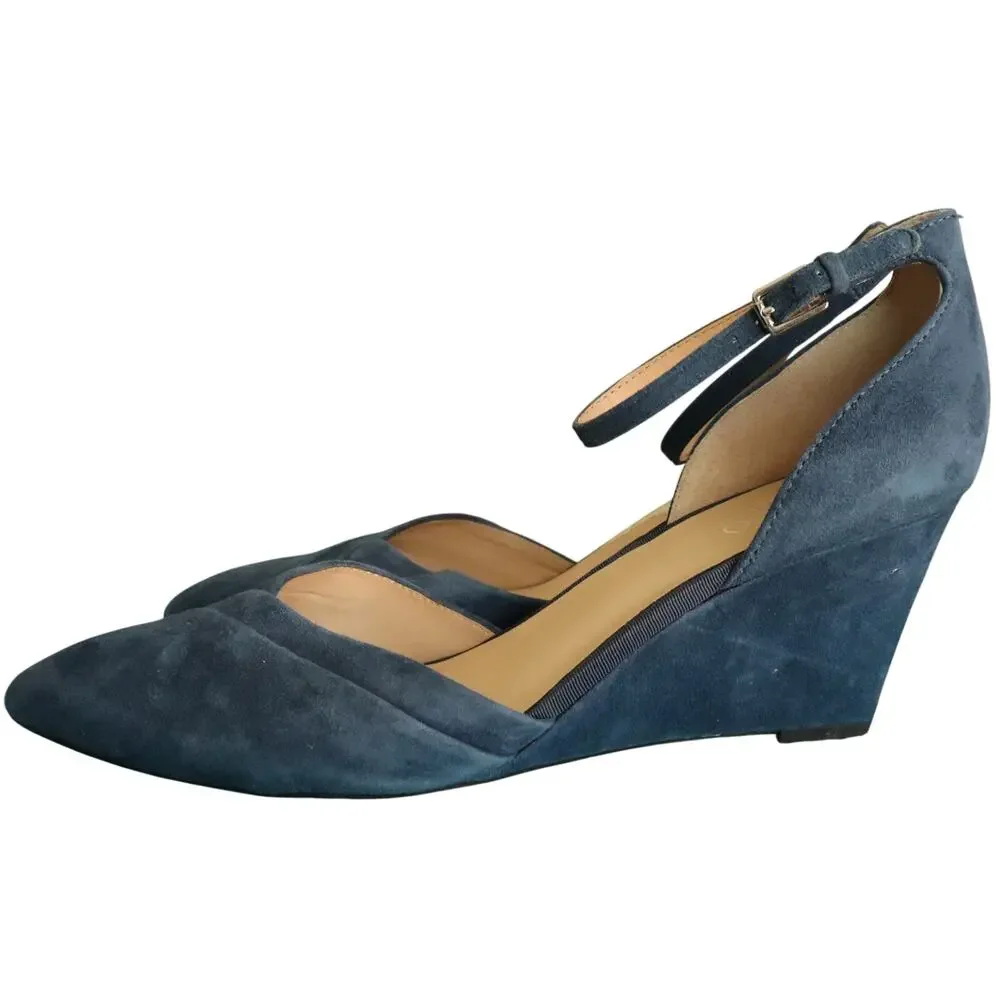 Franco Sarto Fay Blue Suede Wedge Heel Pump Ankle Strap Pointed Toe
